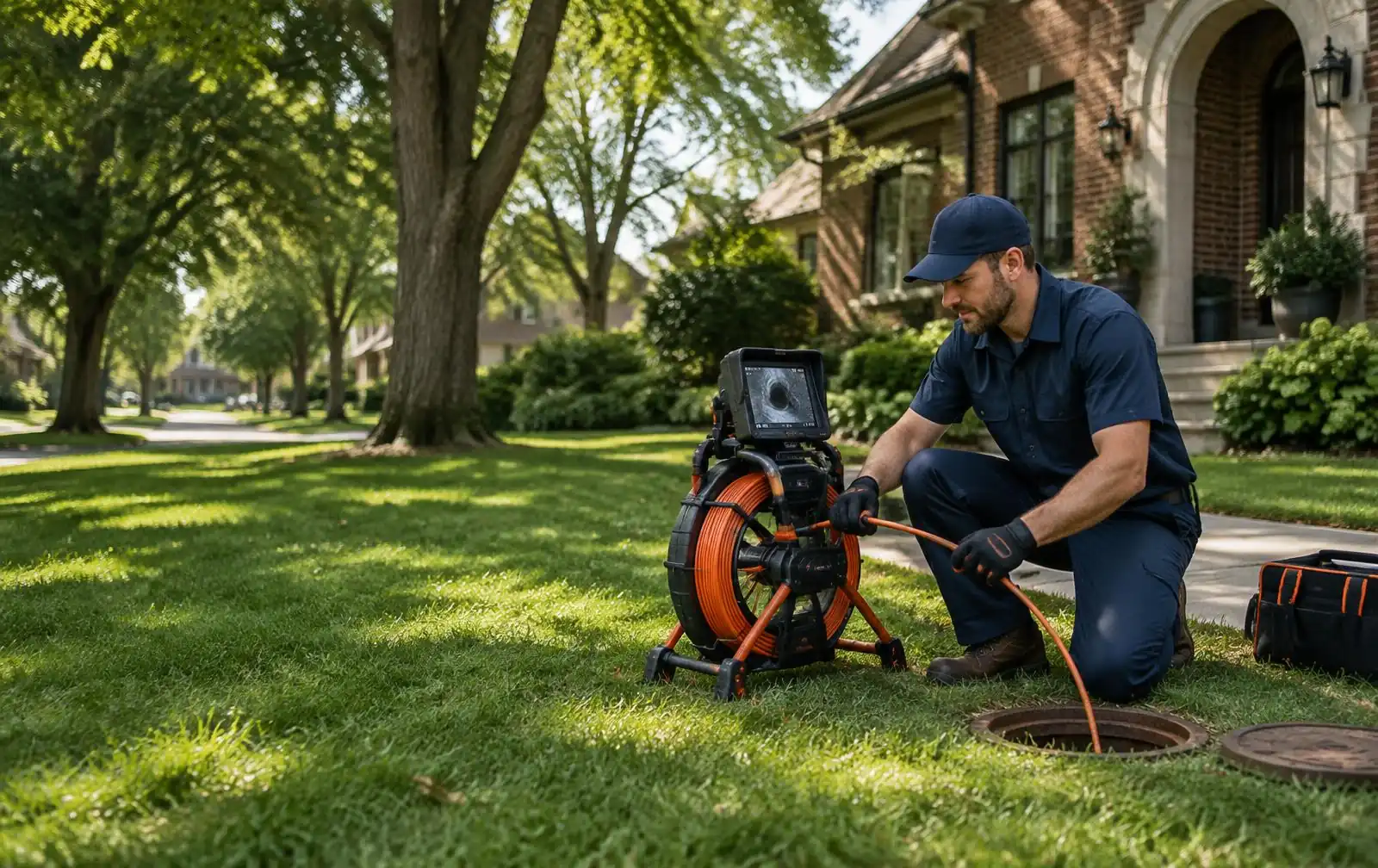 Technician inspecting a sewer line with camera equipment outside a Springfield-area home